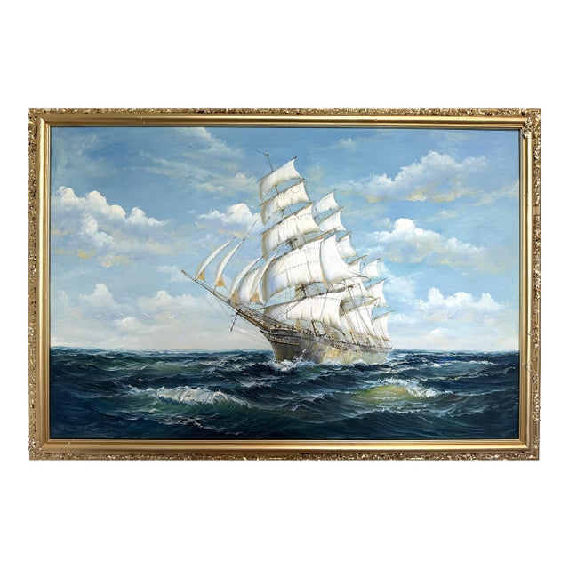 Oil Painting Tall Ship Seascape Maritime Art Sailing Ship Ocean Waves Signed For Sale