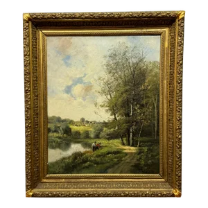 Nicolas Rousseau 19th Century Landscape Trail With Figures by River