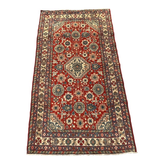 Red Persian Karaja Medallion Hand-Knotted Wool Rug - 4'0" X 7'2" For Sale
