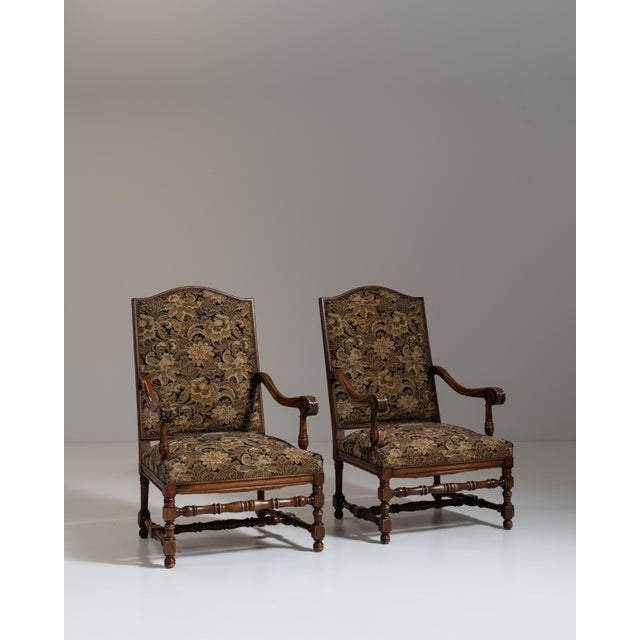 Pair of 19th Century French Dark Brown Louis XIII Upholstered Throne Armchairs For Sale - Image 12 of 14