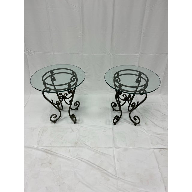 Traditional Vintage Scrolled Iron Glass Top Side Tables For Sale - Image 3 of 6