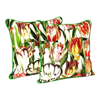 Vintage Colefax & Fowler Style Tulip & Leaf Reversible Painted Pillow Cover With Piping- a Pair For Sale