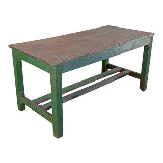 Large French Industrial Wooden Table With Green Paint For Sale