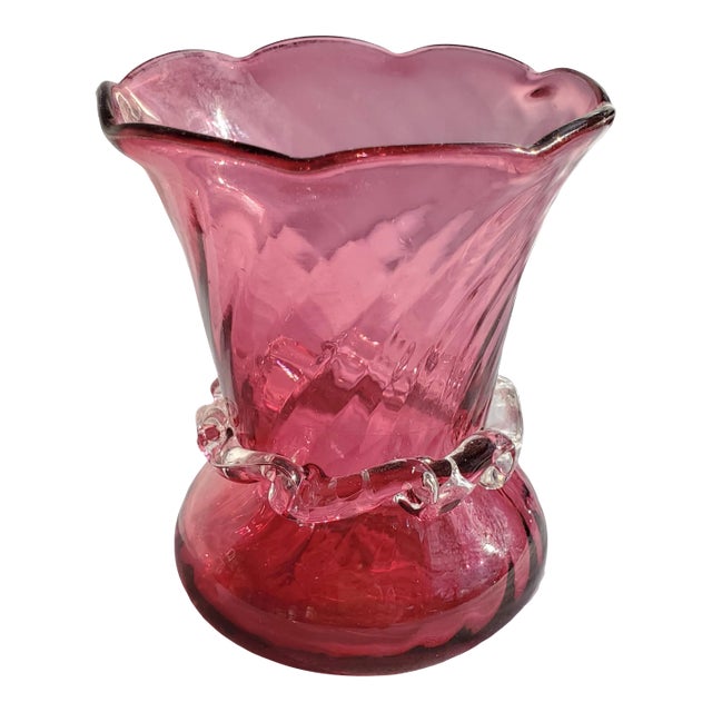 1980s Pilgrim Cranberry Glass Bud Vase With Crystal Collar For Sale