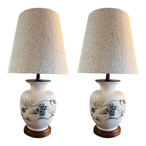 Vintage Mid-Century Modern 1960s Chinoiserie Ceramic Lamps Refinished Walnut Restored Shades - Set of 2