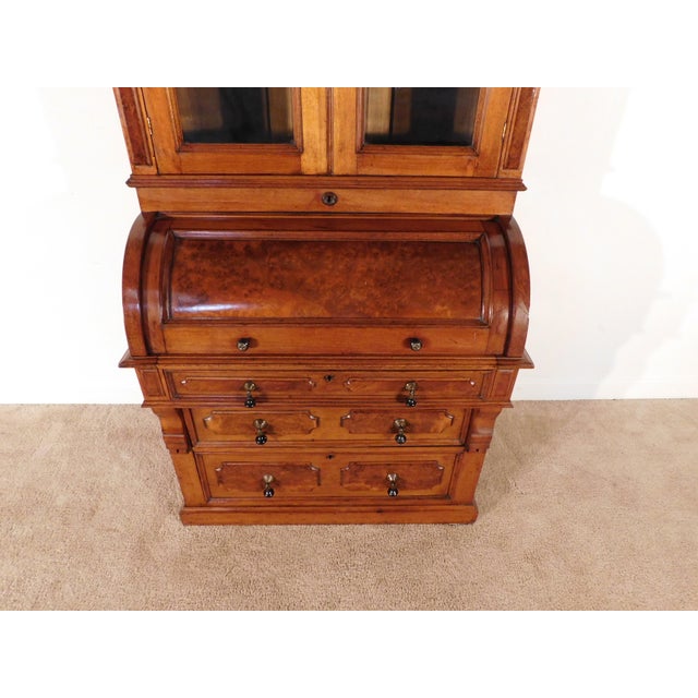 Antique 1880s Victorian Eastlake Burled Walnut Cylinder Secretary Bookcase Desk For Sale - Image 15 of 16