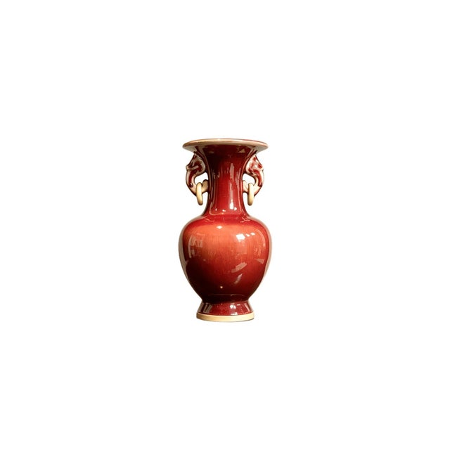 Art Deco Chinese Ceramic Vase,Jun Ware Red Glaze Porcelain Double Ears Vase For Sale - Image 3 of 13