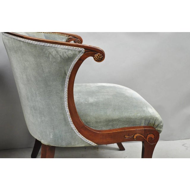 Wood Vintage French Hollywood Regency Mahogany Saber Leg Parlor Lounge Chair - A Pair For Sale - Image 7 of 16