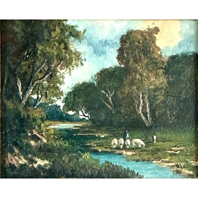On offer is a pastoral scene in a forested clearing along a stream. A small figure tends to five goats grazing near the...