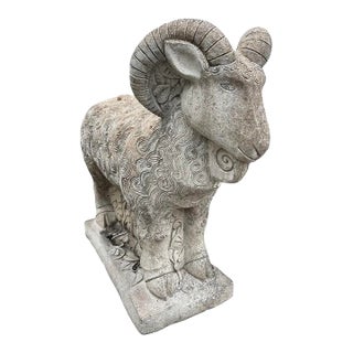 Vintage Stylized Cast Stone Ram Garden Statue With Swirl Relief Detail For Sale