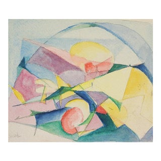 Small Mid 20th Century Teal Yellow and Pink Abstract Watercolor Painting For Sale
