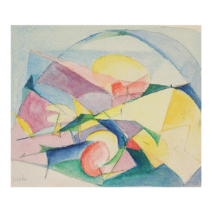 Small Mid 20th Century Teal Yellow and Pink Abstract Watercolor Painting