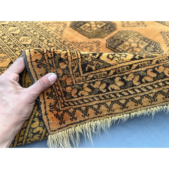 Textile Vintage Afghan Turkoman Bokhara Rug – Tribal Geometric Wool Golden Living Room Carpet For Sale - Image 7 of 9