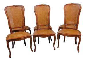 Louis XV Style Cherry Carved Caned Dining Chairs - Set of 6