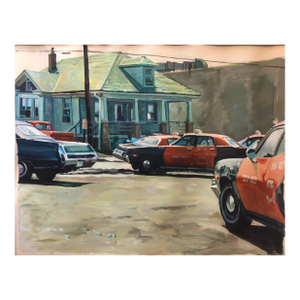 Val Lewton1980s Vintage American Street Scene Painting, Landscape with Taxi Cabs, 1983