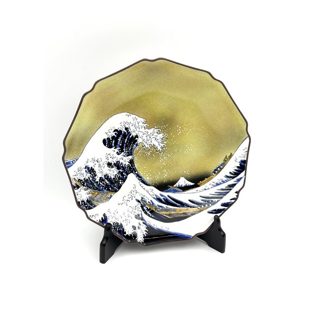 Large 12” Kutani Porcelain Decorative Plate, Hokusai Great Wave Inspired, Olive-Khaki Glaze, With Signed Wooden Box & Stand For Sale - Image 4 of 6