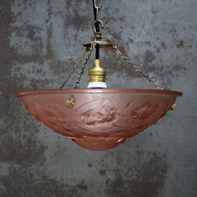 Art Nouveau French Brass and Pink Pressed Glass Pendant Light, 1920s For Sale - Image 6 of 8