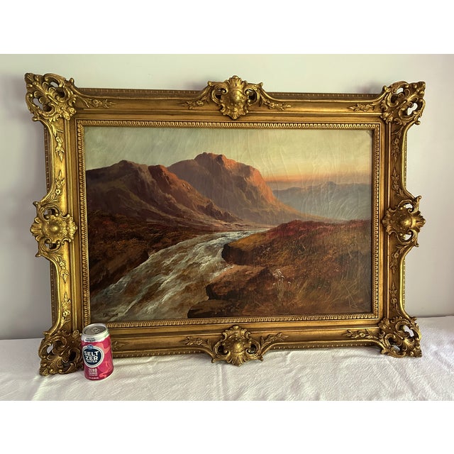 Wood Antique Original Scottish Highlands Landscape Oil Painting by F. Walters For Sale - Image 7 of 7