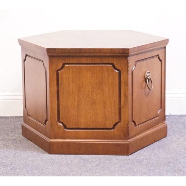 Wood Altavista Lane Walnut Mediterranean Inspired Traditional 26" Hexagonal Accent Storage End Table For Sale - Image 7 of 8