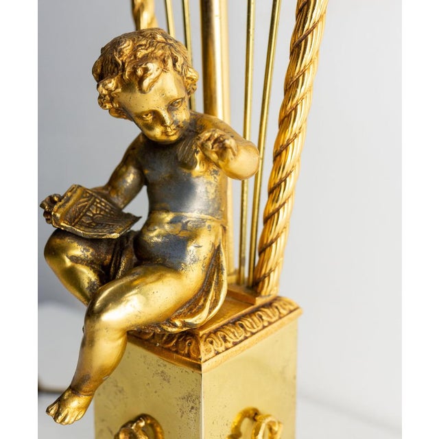 Metal Mid-Century French Brass Table Lamp with Putti Reading in Front of a Harp, 1960s For Sale - Image 7 of 15