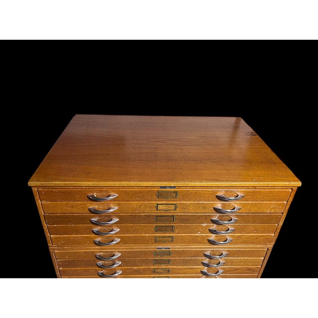 Wood Vintage Mayline Stackable Wood Flat File Cabinets Four Sections With Original Base & Top. For Sale - Image 7 of 12
