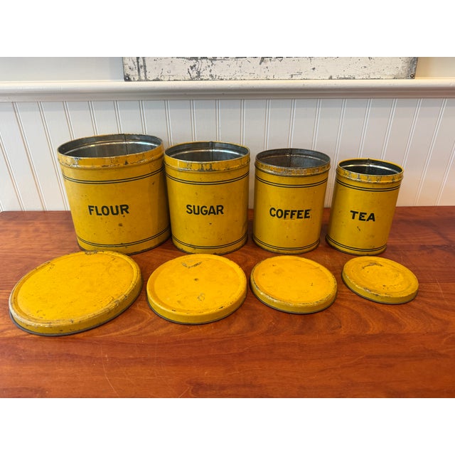 1950s Early 20th Century Bright Yellow Enamel Flour, Sugar, Coffee & Tea Kitchen Canisters – Set of 4 For Sale - Image 5 of 17