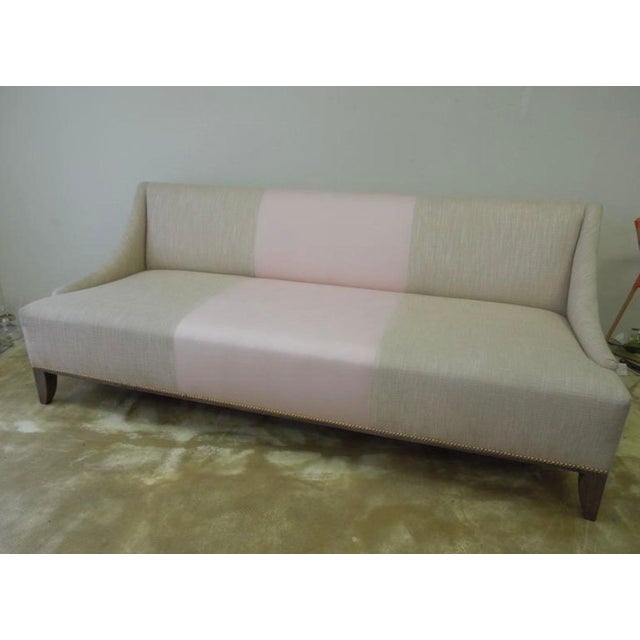 Wood Beige Linen & Pink Fabric Custom Made “Fashionista” Sofa with Matching Pillows For Sale - Image 7 of 7