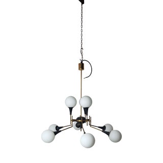 Twelve-Light Brass Chandelier with Opaline Spheres from Stilnovo, 1950s For Sale