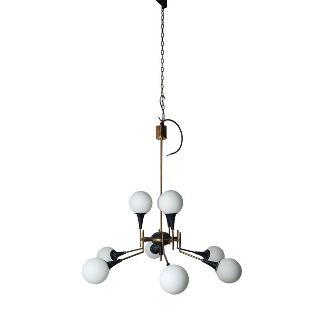 Twelve-Light Brass Chandelier with Opaline Spheres from Stilnovo, 1950s For Sale