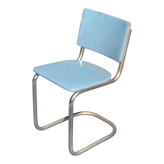 Vintage Retro Tubular Chrome Chair With Turquoise Blue Vinyl Upholstery