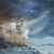 This oil painting captures a dynamic sky filled with swirling clouds and a gradient of blues, grays, and hints of warm...