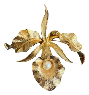 Marcel Boucher Orchid Brooch Gold Tone Faux Pearl Flower Pin Vintage Designer Signed