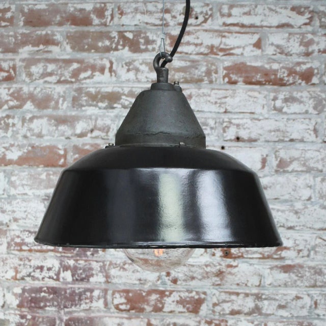 Vintage Industrial Black Enamel Cast Iron Clear Glass Hanging Lights For Sale - Image 4 of 5