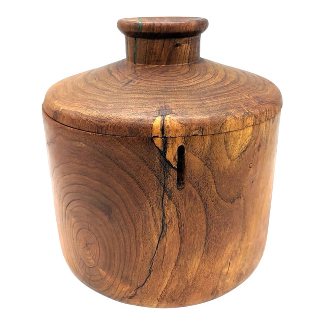 Late 20th Century Joe P Heil Carved and Lathed Mesquite Wood and Malachite Inlay Treenware Lidded Vessel For Sale