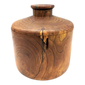 Late 20th Century Joe P Heil Carved and Lathed Mesquite Wood and Malachite Inlay Treenware Lidded Vessel