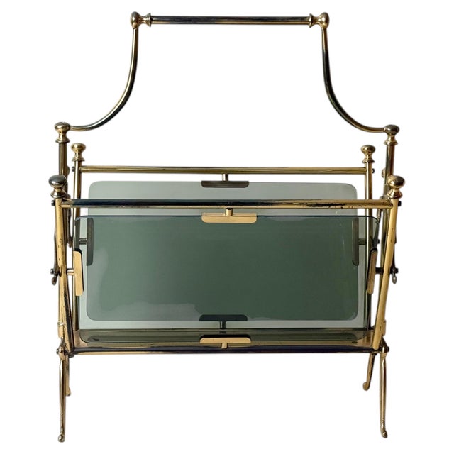 Italian Brass and Smoked Glass Magazine Rack, Italy, 1960s For Sale - Image 13 of 13