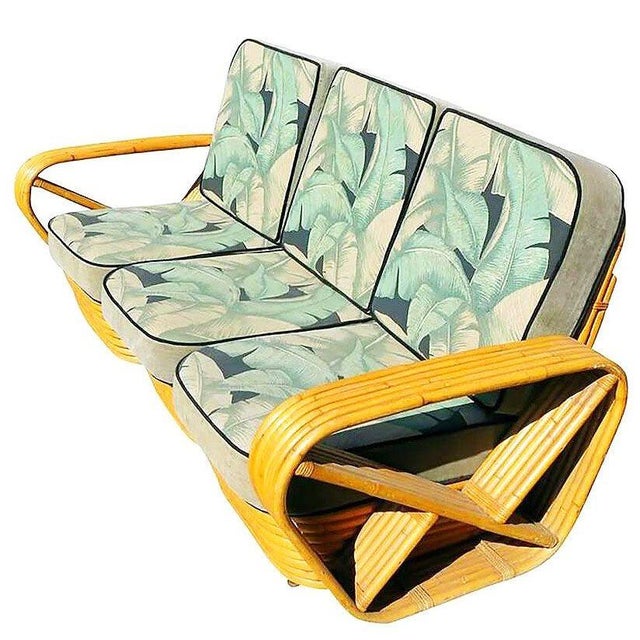 1940s Restored Paul Frankl Style 6-Strand Square Pretzel Rattan Sofa, Lounge Chair Set, 3 Pieces For Sale - Image 4 of 9