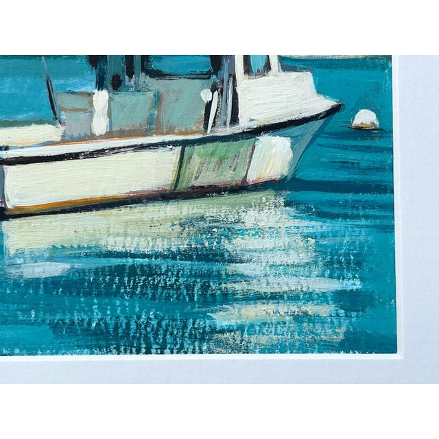 Acrylic on paper original painting of a fishing boat moored at Lazy Point in the Hamptons/Long Island's East End. A...