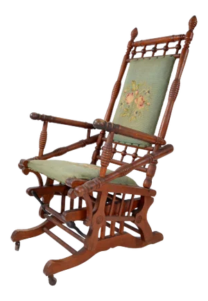Antique Rocking Chair Hand Carved & Turned Walnut Wood Needlepoint Upholstery