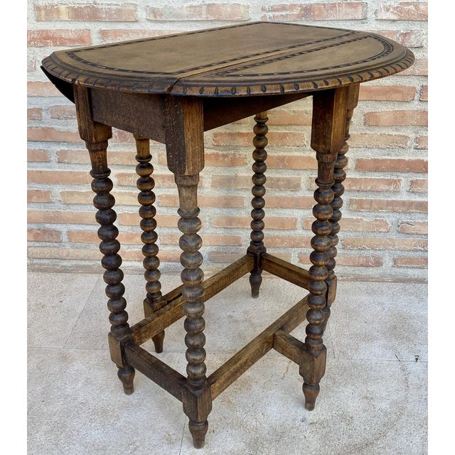 Wood Round Folding Center Oak Table with Carved Top and Solomonic Legs, 1940s For Sale - Image 7 of 15
