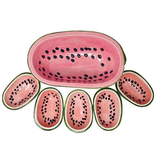 Mid-Century Modern Unique Rare Textured Vintage Watermelon Serving Bowl Set | Mid-Century Modern Embossed Fruit Dishes | 6 Pieces For Sale - Image 3 of 18