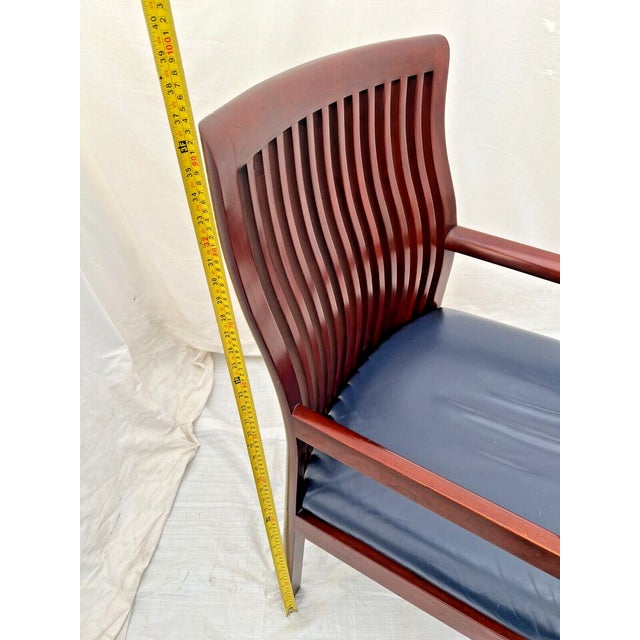 1990s Vintage Curved Spindle Back Mahogany Arm Chair with Blue Leather Seat For Sale In Palm Springs - Image 6 of 10