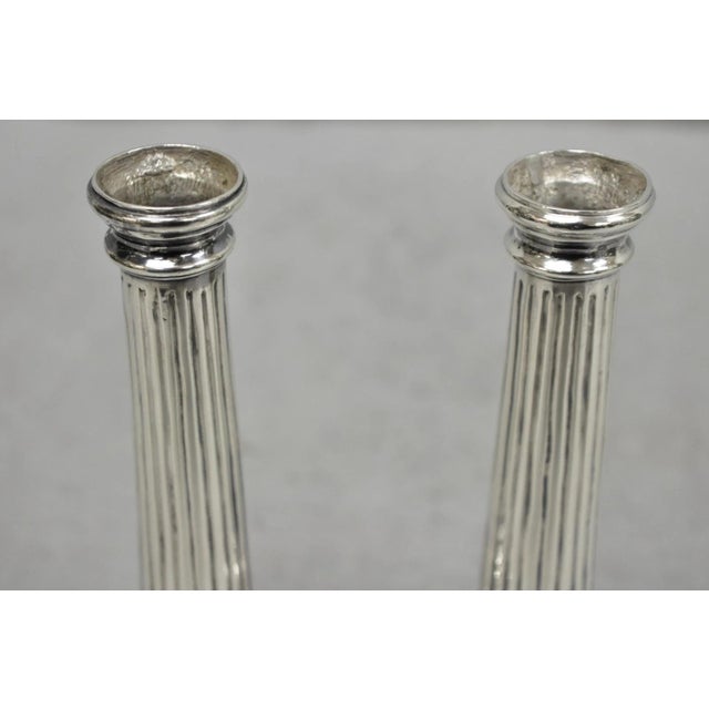 Metal Vintage English Regency Silver Plated Classical Column Small Candlesticks - Pair For Sale - Image 7 of 16