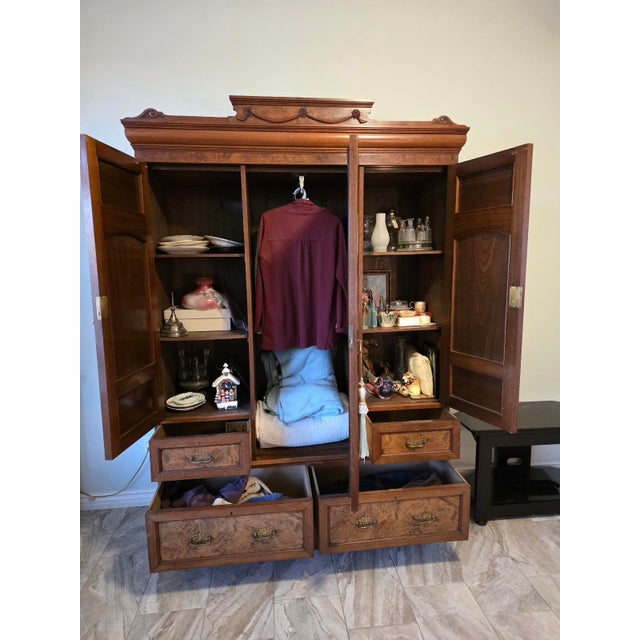 Chestnut 19th Century Victorian Burl Wood & Oak 3-Door Grand Wardrobe Armoire With Mirror For Sale - Image 8 of 12