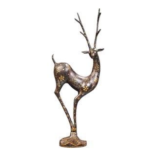 Early 20th Century Gold-Inlaid Bronze Deer Sculpture – 18.9" Archaic Style Figure For Sale