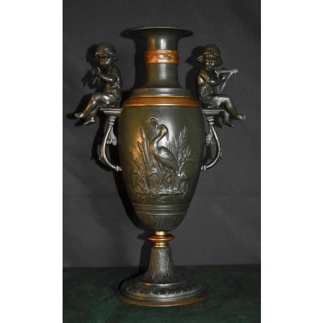 Vintage Mixed Metal Vase French Style Urn With Figural Cherubs and Cranes For Sale In Philadelphia - Image 6 of 17