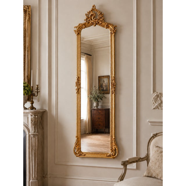 1970s French Rococo Gold Wood Floor Mirror For Sale - Image 4 of 13