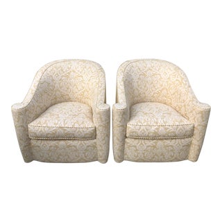 Rare Vintage Art Deco Barrel Club Chairs W Fortuny & J. Robert Scott Fabric - a Pair For Sale