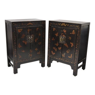 Vintage Black Lacquer Hand Painted Butterfly Chinese Oriental Cabinets - a Pair For Sale