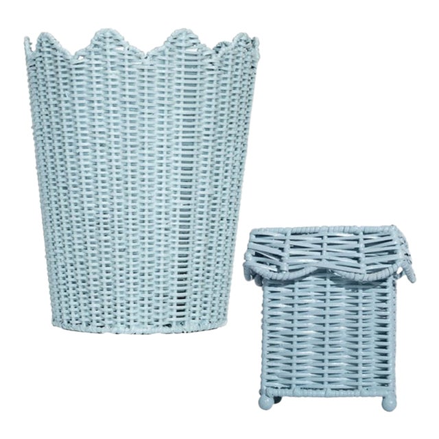 Scalloped Wicker Wastebasket and Tissue Box Set, Soft Blue For Sale